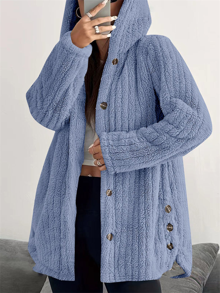 Women's Winter Solid Color Pit Stripe  Button Up Hooded Fleece Coats