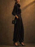 Women's 2 Piece Chic Coffee Velvet Hooded Top and Wide Leg Cuffed Pants Set