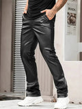 Men's Black Faux Leather Casual Motorcycle Riding Straight Leg Trousers