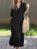 Ladies Casual Side Slit V-Neck 3/4 Sleeve Plain Dresses