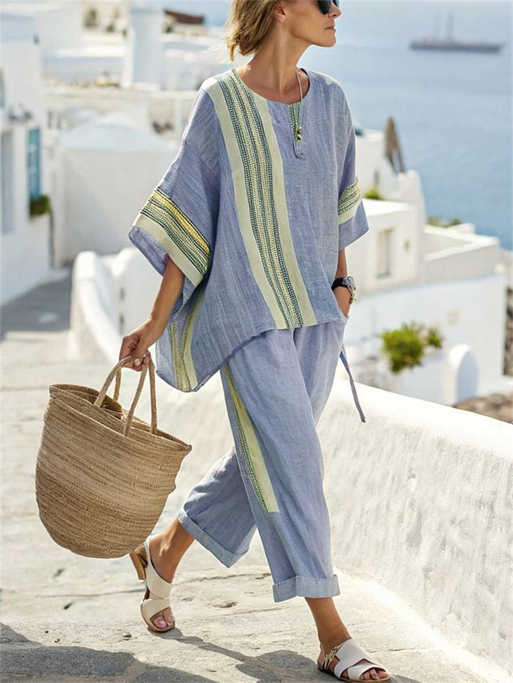 Women's 2pcs Summer Casual Contrasr Color Short Sleeve Top & Pants Set