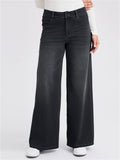 Womens High Waisted Wide Leg Jeans Whisker Denim Pants