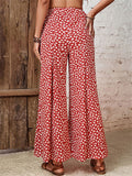 Women's Casual Mini White Flower Print Red Flared Pants