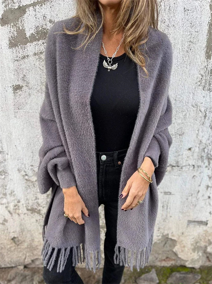 Women's Autumn Solid Color Soft Cardigan Cloak with Fringe Decor