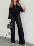Comfy Long Sleeve Leopard Print Shirt and Wide Leg Pant Set For Women