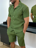 Comfy Short Sleeve Solid Color Lapel Button up Outfits For Men