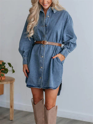 Women's Spring Casual Denim Lapel Shirt Dress