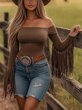 ‌Retro Western Style Fitted Off Shoulder Fringe Top for Women‌