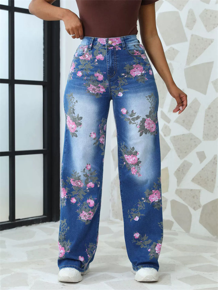 Women's Casual Flowers Print High Waist Wide Leg Denim Pants