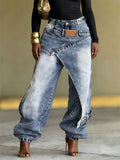 Women's Stylish Asymmetric Cross Waist Wide Leg Baggy Washed Denim Pants
