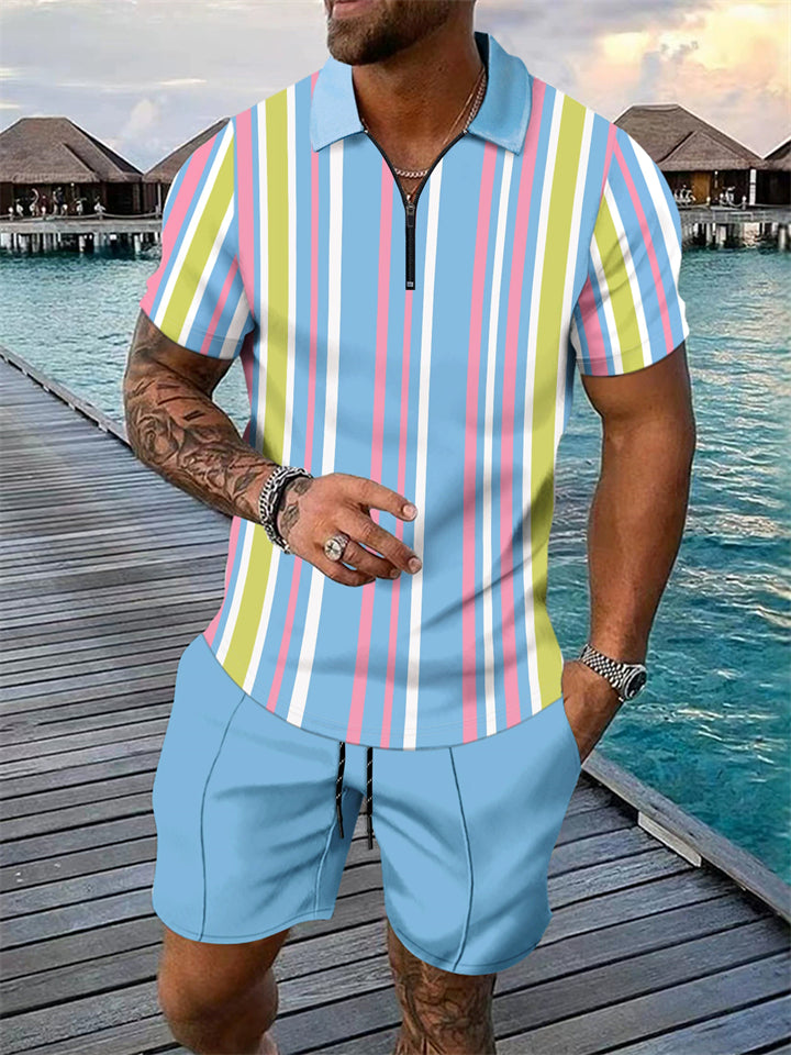 Men's 2 Piece Summer Holiday Style Print Quarter Zip Polo Shirt Shorts Outfits