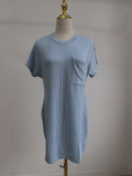 Summer Casual Round Neck Chest Pocket Mini Striped Dress for Lady