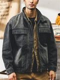 Retro Black Long Sleeve Lapel Cargo Denim Coat for Men