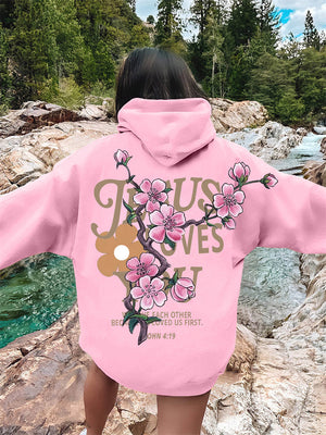 Women's Peach Flower Letter Print Oversized Hoodies with Pocket