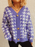 Women's Contrast Color Houndstooth Single Breasted Cardigan Sweater