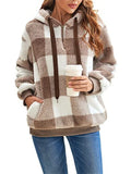 Ladies Fluffy Plaid Oversized Hoodies with Pockets