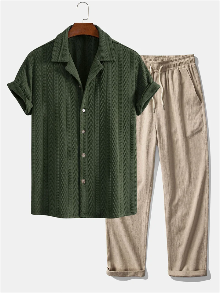 Mens Casual Summer Outfit Textured Shirt and Pants Beach Set