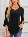 Women's Mesh Patchwork Bling 3/4 Flare Sleeve Shirt