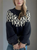 Women's Retro Jacquard Contrast Color Round Neck Long Sleeve Sweater