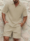 Men's Casual Lapel Collar Waffle Sports Set