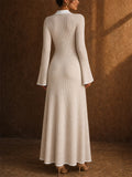Women Beige Ribbed Knit Collared V Neck Casual Office Flare Maxi Dress