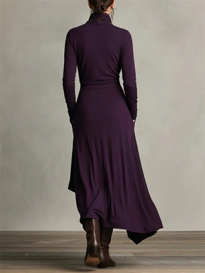 Women's Elegant Casual Long Sleeve High Neck Asymmetric Maxi Dress