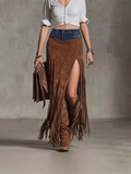 ‌Boho Style Demin Suede Patchwork Skirt for Women‌ with Fringe Hem