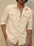 Men's Casual Linen Long Sleeve Spring Shirts with Front Pockets
