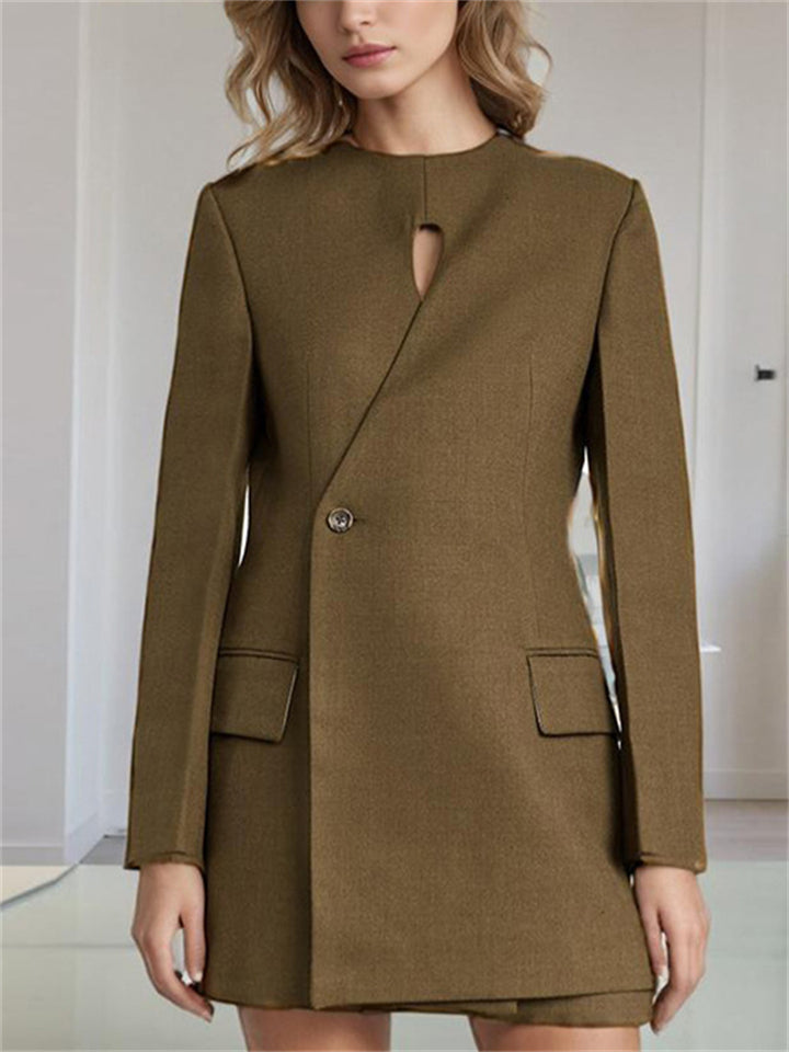 Women OL Style Long Sleeve Coffee O-Neck Suit Jacket