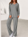 Women's Autumn V Neck Drop Shoulder Long Sleeve Loose Solid Color Outfit