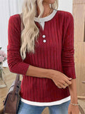 Women Simple Pullover Patchwork Collar Long Sleeve Knit Top