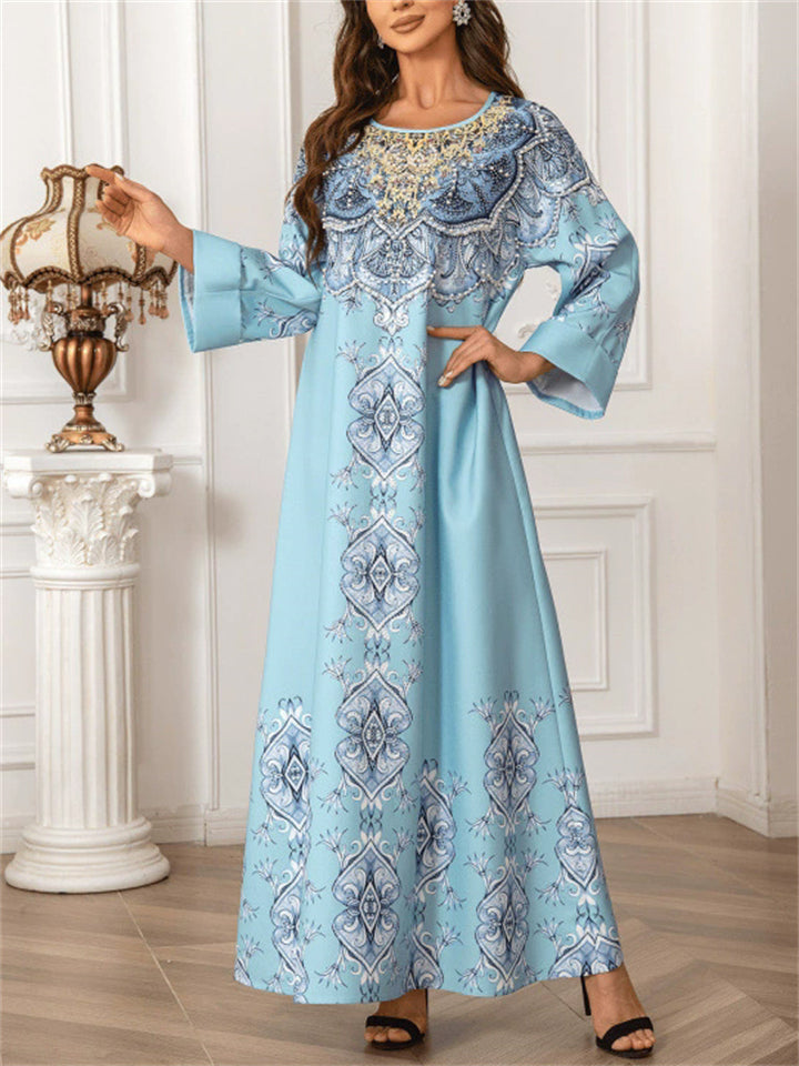 Women's Blue Elegant Printed Beads Round Neck Muslim Robe Dress