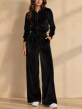 Women Velvet 2 Piece Zip Up Hoodie Wide Leg Pants Tracksuit Set