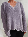 Women's Contrast Trim V Neck Pullover Long Sleeve Sweater