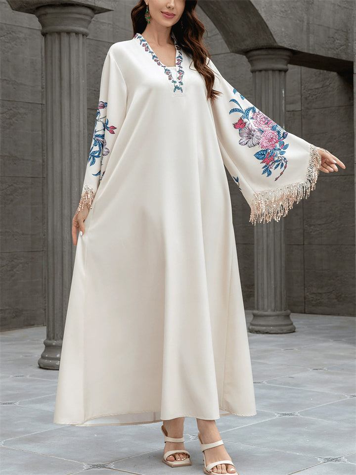 Women's Trendy Elegant Embroidery Fringe V Neck Muslim Robe Dress
