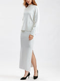 Elegant Crew Neck Knitted Sweater + Side Slit Skirt