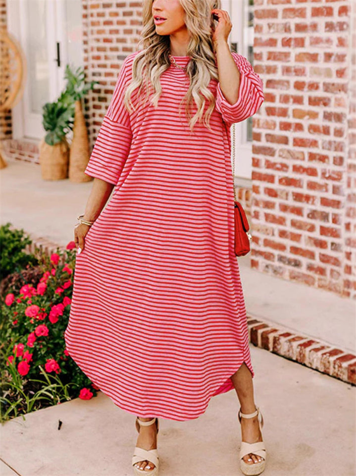 Women's Contrast Color Stripe Round Neck Midi Dress