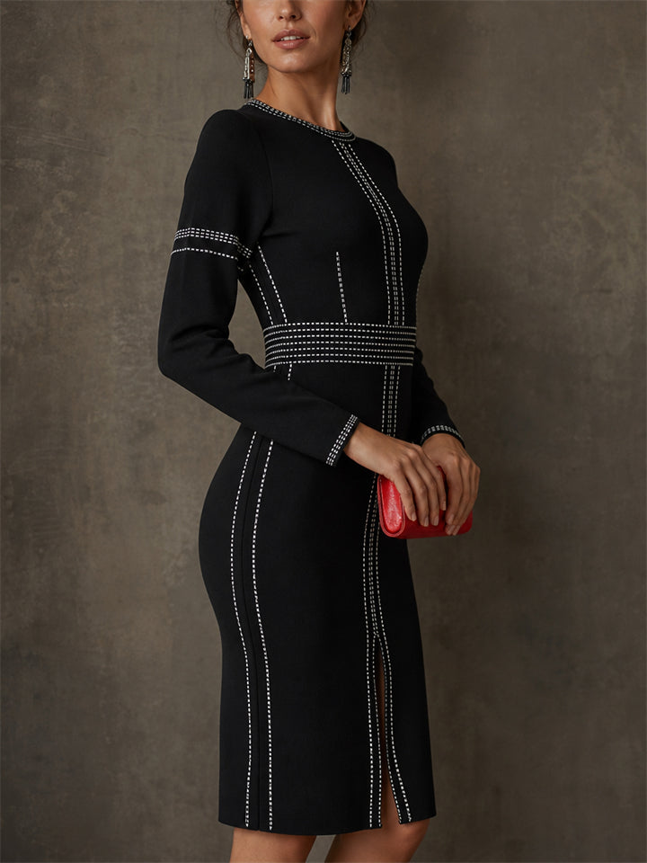Women Classy Black Geometric Pattern Slit Slimming Knit Dress