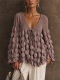 Womens V Neck Pleated Popcorn Textured Flare Sleeve Blouse