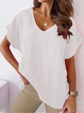 Women's V Neck Short Sleeve Cozy Cotton Linen T-shirt for Summer