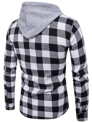 Men's Trendy Plaid Button-up Shirt with Hood