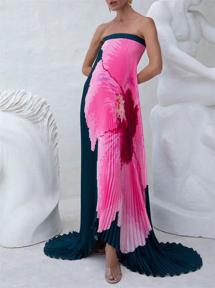 Women's Gradient Pleated Strapless Maxi Dress