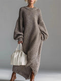 ‌Women's Round Neck Puff Sleeve Grunge Style Oversized Knit Sweater Dress