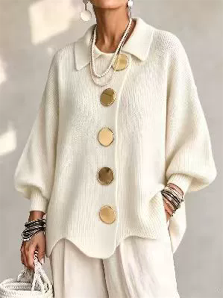 Women Oversized Knit Cardigan Gold Button Collared Sweater