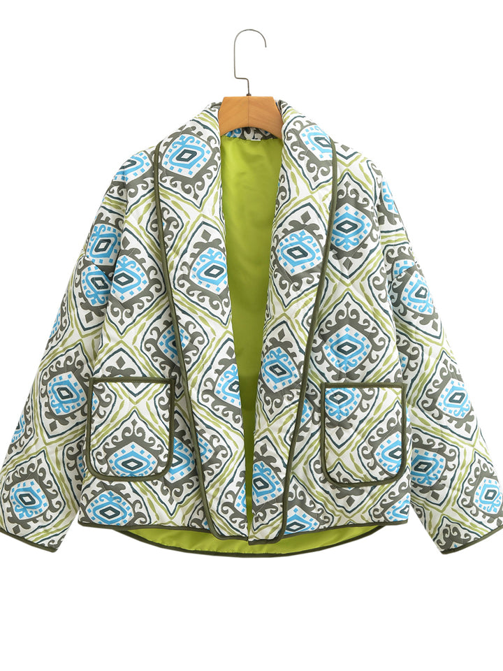 Women's Trendy Contrast Color Geometry Print Lapel Cardigan Coat