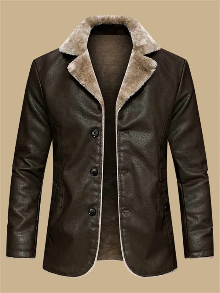 ‌Men's Winter Faux Leather Single Breasted Lapel Fleece Lined Jackets