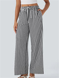 Women's Casual Striped Mid-Rise Drawstring Wide Leg Pants