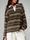 Women's Striped Rugby Shirt Long Sleeve Oversized Polo Top