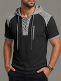 Men Waffle Knit Hooded Lace Up Short Sleeve Casual Shirt