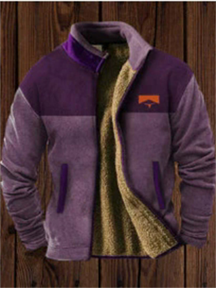 Men's Contrast Color Stand Collar Zip Up Fleeced Coats